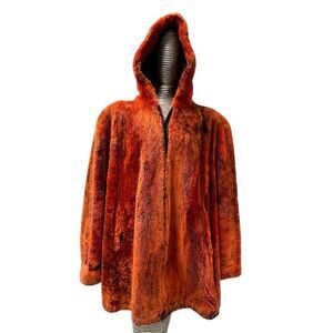 Orange Dyed Sheared Beaver Fur Jacket Coat Size Large Hood Womens Genuine Fur